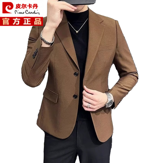 皮尔卡丹2025新款男士轻熟风西装外套棕色复古休闲西服修身高质感外搭上衣 棕色高质感西服 单件外套 XL 130-145斤