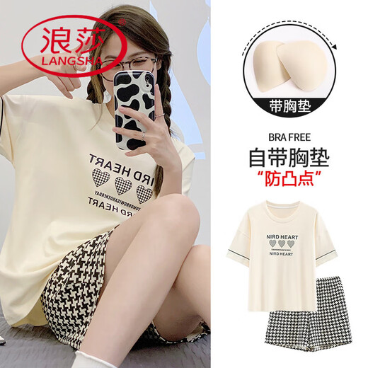 Langsha (Langsha) Pajamas de algodón puro para mujeres con inyección de almohadilla de techo pantalones cortos de manga corta Ins Coreano Estudiante Estudiante Desgaste ropa de casa 6210 m Recomendada [800-100Jin [Jin iguala 0.5 kg]]]