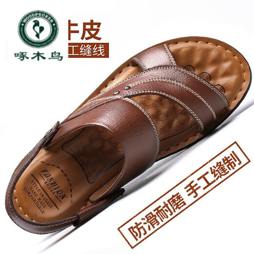 Woodpecker Primavera 2025 Sandalias de hombres nuevas para hombres Zapatos de playa de cuero genuino para hombres Zapatos de moda de hombres transfronterizos al por mayor 12129 Negro 46