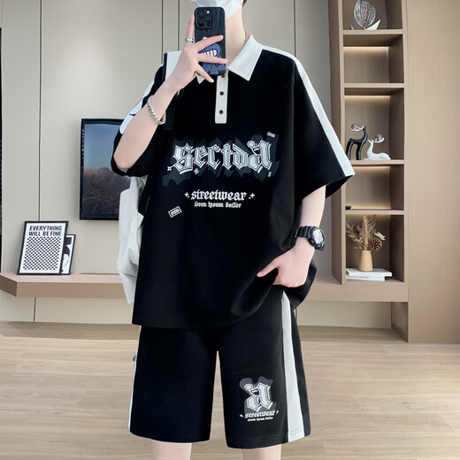 
Baoming short-sleeved T-shirt male teenagers 12-15 years old boys clothes 13 junior high school students POLO shirt 14 big children's summer suit set 6629 black (short-sleeved + shorts) quality assurance L 110-130Jin [Jin equals 0.5 kg]