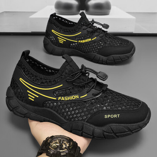 
Men's shoes for summer new breathable hollow net shoes for men's trendy versatile thick sole flying woven sneakers casual hole shoes K739 beige 42