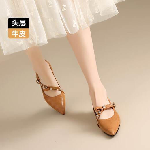 ZHR头层牛皮玛丽珍女鞋百搭时尚饰扣软底浅口单鞋女 S687 杏黄 38