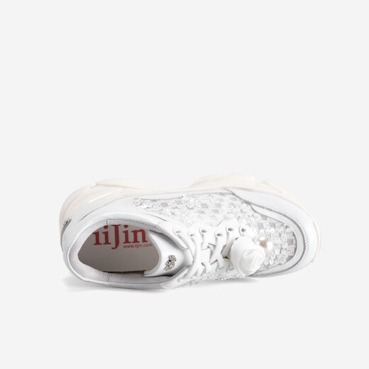 IiJin 2024 new style 9.5cm thick sole inner heightening breathable mesh sequin flower casual dad shoes for women YF677RAM white 36