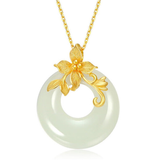 He Jiagong Lao Phoenix 999 Gold Pure Gold Inlaid Jade Pendant Female Jade Cui Hetian Jade Peace Buckle 3D Necklace Hetian Jade Pendant Single Pendant (Necklace Not Included) Lao Feng