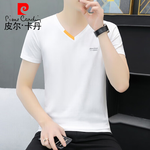Pierre Cardin Summer New Herren Pure Cotton V-Ausschnitt Halbärmelig T-Shirt Trendy Casual Lassere Drucken Hühnerhart Hals kurzärmelig T-Shirt 691 Black 2xl 135-150Jin [Jin ist 0,5 kg]