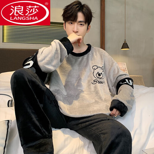 Langsha Coral Coral Velvet Invierno Pajamas Otoño e invierno en espesas más Velvet Adolescentes de ropa para hombres Flanela Ropa para el hogar 3882 Letras Plumas L Hombres L