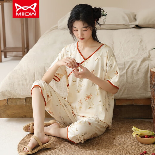 Catman Miiow Sommer kurzärmeligte Pyjama-Set Pure Cotton Women's Dünne Sommer. Neue chinesische Stil-Kumpel-Hosen können außerhalb von Heimkleidung Lzy9901 L getragen werden (empfohlen 95-115jin [Jin gleich 0,5 kg])