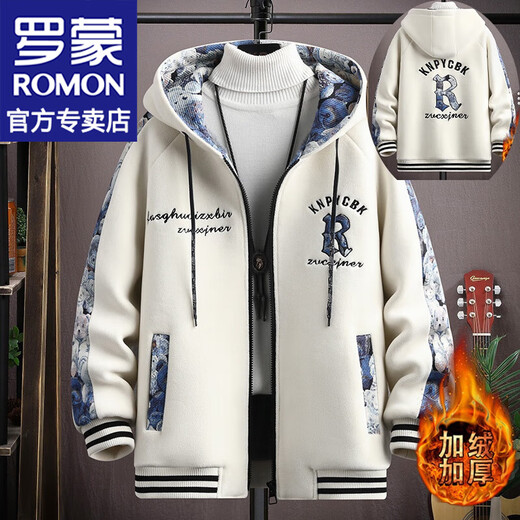 ROMON National Style Embroidered Velvet Jacket Men's Autumn and Winter Thickened Cotton Hooded Jacket Youth Feather Casual Wear Men's 2307 Beige Velvet 2XL (Approximately 150-175 Jin Jin is equal to 0.5 kg can be worn)
