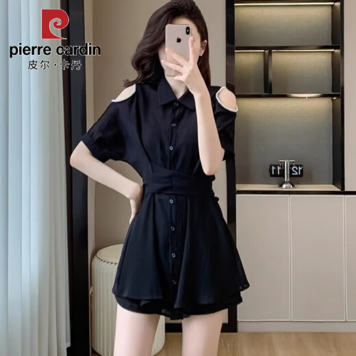 皮尔卡丹（pierre cardin）天丝大码女衬衫小个子新款钉珠套装宽松露肩时尚防晒短裤两件套 AA878天鹅黑【套装】 2XL