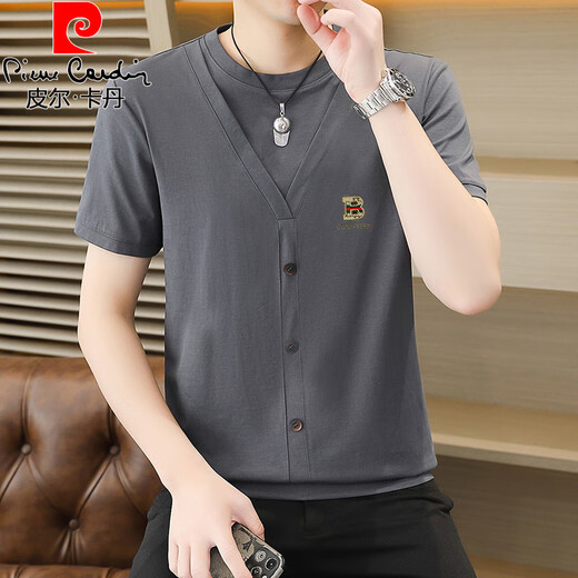 
Pierre cardin design short-sleeved T-shirt men's 2025 summer new high-end light luxury cotton base shirt fake two-piece round neck top 6625 white M 80-100Jin [Jin equals 0.5 kg]