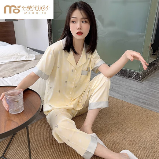 莫代尔泡泡熊冰丝睡衣女夏天凉感短袖长裤网红感薄款春秋丝.绸家居 YFY-9905凉感面料】 M 建议80-100斤】