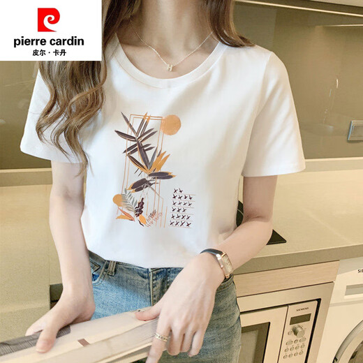 Pierre CARDIN (PIERRE CARDIN) mulberry silk 100% summer 2025 new pure cotton white T-shirt for women short-sleeved loose temperament student versatile shoulder 6172 leather powder short-sleeved M (recommended 80-105 Jin [Jin equals 0.5 kg])