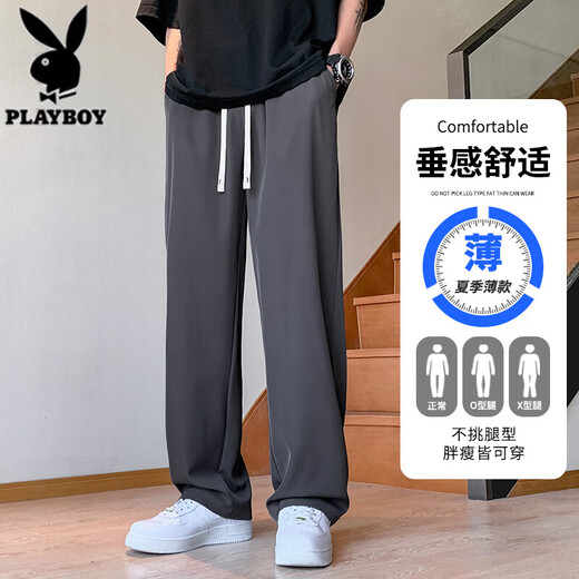 花花公子休闲裤男款夏季薄款2025新款美式直筒宽松阔腿裤冰丝运动裤子男士 H41灰色  薄款 S 【建议80-100斤】