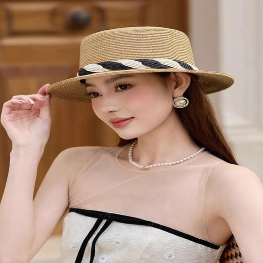 Handu Yishe HSTYLE Handu Yishe Spring and Summer French Flat Top Straw Hat Girl Elegant Top Hat Sun Hat Wide Essential Seaside Vacation Hat Khaki
