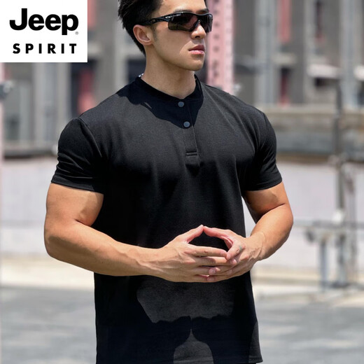 Jeep Spirit Summer Punfs para mostrar el cuerpo de la camiseta de manga corta Polo de la hombrera para hombres. Camisa Henry Camisa Sports para hombres y entrenamiento de fitness casual Negro [Turning* Collar] M [55kg-65kg]