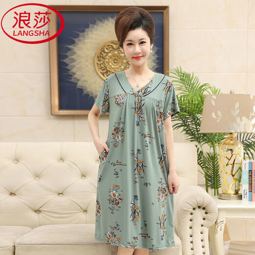 LangSha nightgown for women in summer short-sleeved cool feeling modal thin cotton silk mother loose long dress for mothers Y9905 L [recommended %7E120Jin [Jin equals 0.5 kg] wear]