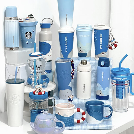 Starbucks 2024 Новый продукт Летний приморский сериал Blue Bear Ceramic Mark Изоляция стеклянная соломенная чашка Голубой праздничный термос Кубок 695 мл