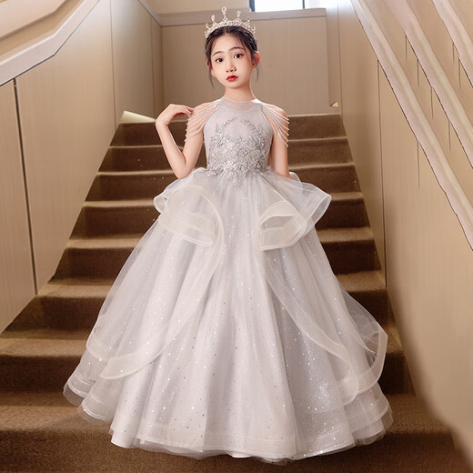 思妙星女童晚礼服轻奢小众高端生日花童女孩公主裙儿童主持人钢琴演出服 灰色 150