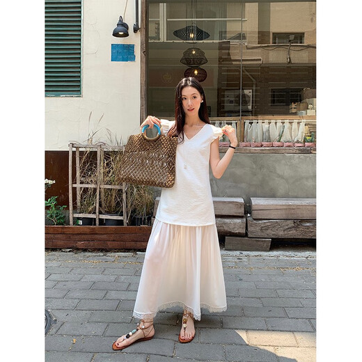 喆炜爱西里2025夏季气质V领小飞袖设计拼蕾丝花边下摆长款连衣裙13820 蓝色 L