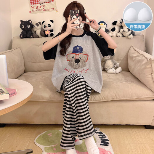 无就（WUJIU）女款2025夏季带胸垫甜美可爱条纹短袖长裤夏天家居服 SSM-9207【自带胸垫】 M 【75-95斤】