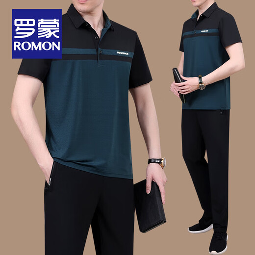 ROMON Dad Summer Ice Silk Quick-Drying Short-Sleeve T-Shirt Set Middle-aged and Elderly Father's Day Casual Sports Two-Piece Set POLO Shirt 963-Doing Green [Shorts Set] XL [Suggested 120-140Jin [Jin equals 0.5 kg]]