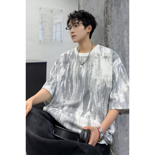
NYING American tie-dyed short-sleeved T-shirt men's 25 summer new fashion brand casual T-shirt large size loose five-point sleeve top black XL (130-150Jin [Jin equals 0.5 kg])