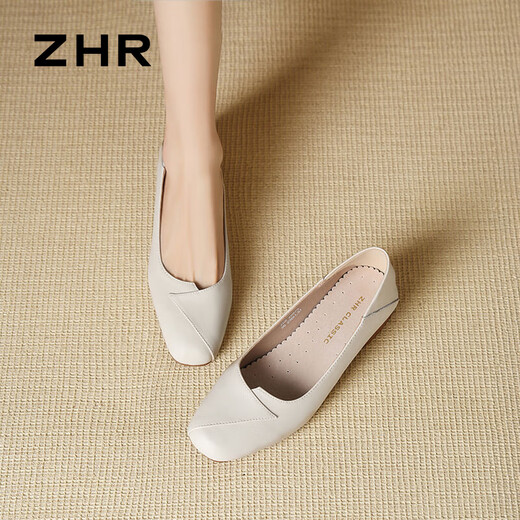 ZHR粗跟单鞋女经典拼接工作皮鞋通勤一脚蹬浅口女鞋软底AH673米色39