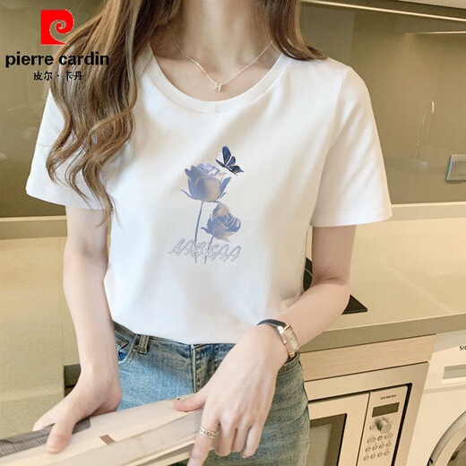 Pierre Cardin Pure Cotton White T-Shirt Damen Kurzärärmelte Lose Temperament Student Vielseitige Schulterhemd Top Sommer 2025 Neue koreanische Version 6196 Weiß kurzärmelig M (Empfohlen 80-105 Jin [Jin gleich 0,5 kg]))