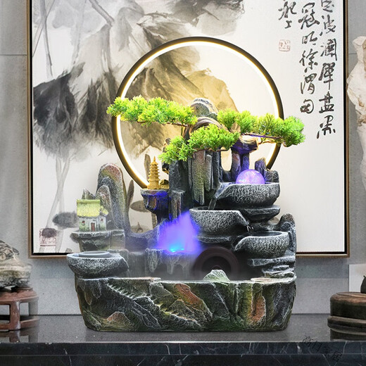 立始高山流水摆件循环水开业礼品假山转动球客厅风水轮水景加湿器礼物 9930中号灯圈雾化款