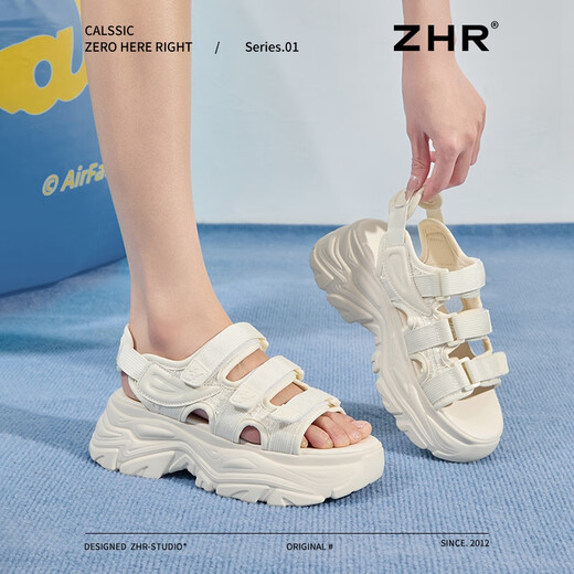 
ZHR sports sandals for women in summer casual beach shoes breathable Velcro thick sole women's shoes G739 beige 38