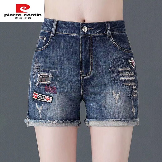 Pierre cardin high waist denim shorts for women 2025 summer new thin curly edge slim straight slim straight embroidered elastic hot pants Black 5008 [good elastic fabric] 31 Recommended 130-140Jin [Jin equals 0.5 kg]