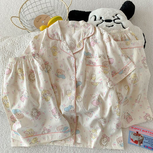 Mobeihai Pajamas Women Summer Short Sleeve Shorts Long Pants Three-piece Set Home Clothes Thin Can Be Weared Out Cartoon Student Girl Set 9902 Light Pink Star KT Cat Three-piece Set M