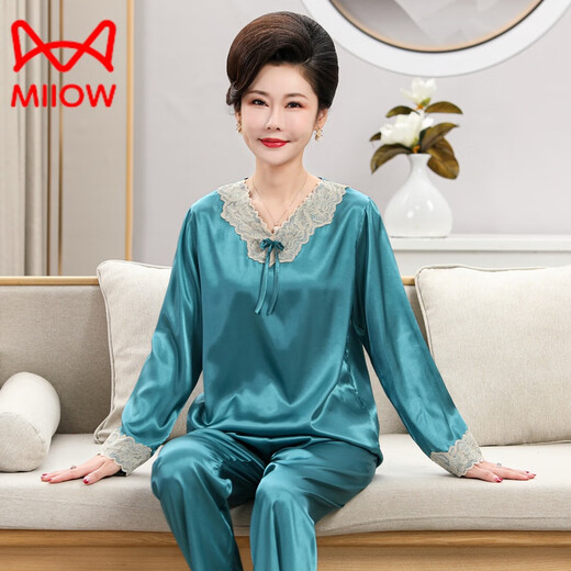 
Cat Man (MiiOW) Ice-sensing Pajamas Women's Spring and Autumn Style Long Sleeve Thin Style Middle-aged and Elderly Mother Plus Size Silk Home Clothing Two-piece Set 683 Champagne (Long Sleeve Long Trousers) L 90-105Jin [Jin equals 0.5 kg]