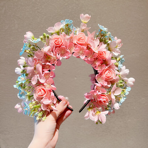 Half hairpin flower headband, children's hair accessories, ancient style Hanfu accessories, ethnic style headdress, flower headband, garland hair accessories, pink hairpin flower headband