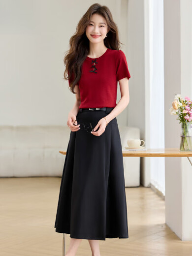 NOSSKISS luxury high-end brand dress for women 2025 summer new high-end commuting fashion trendy age-reducing set red (two-piece set) L