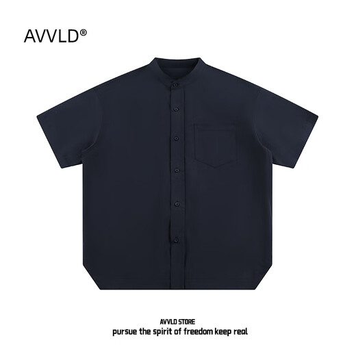 AVVLD summer henley collar short-sleeved shirt for men 2025 new pure cotton solid color loose simple casual boys shirt jacket navy blue 2XL