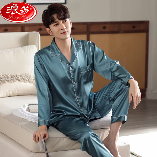 浪莎（LangSha）网红男士睡衣春秋款冰丝长袖长裤家居服含真丝绸感套装 M6628 L 【100-140斤】
