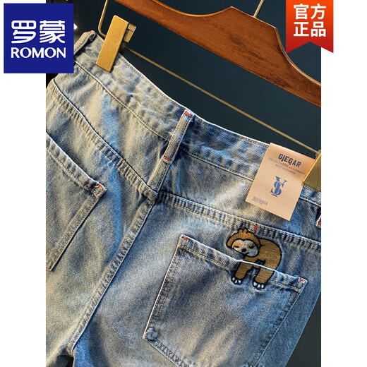 ROMON Summer Casual Shorts Men's Large Size Light Color Cotton Five-Part Jeans Trendy Embroidery Men's Straight-Part Medium Pants Blue XY9922 28 Suitable for weight 95-108Jin [Jin equals 0.5 kg]