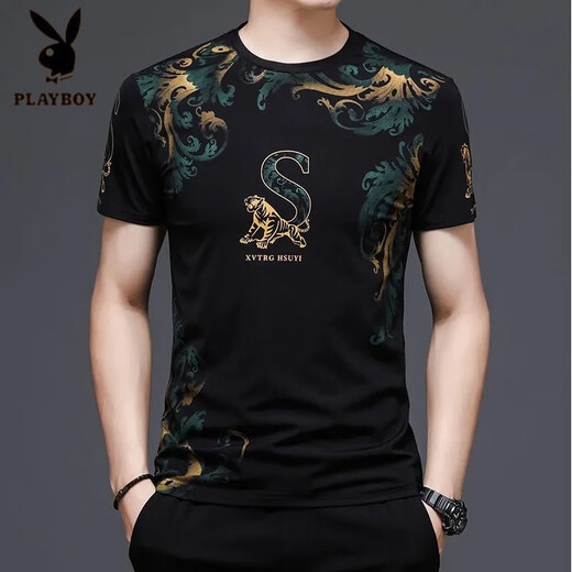 Playboy (PLAYBOY) Chinese style tiger head trendy men's short-sleeved T-shirt fashion printed large-size men's base shirt half-sleeved loose top 829 black letters M 165 [recommended 100-120 Jin [Jin equals 0.5 kg]]