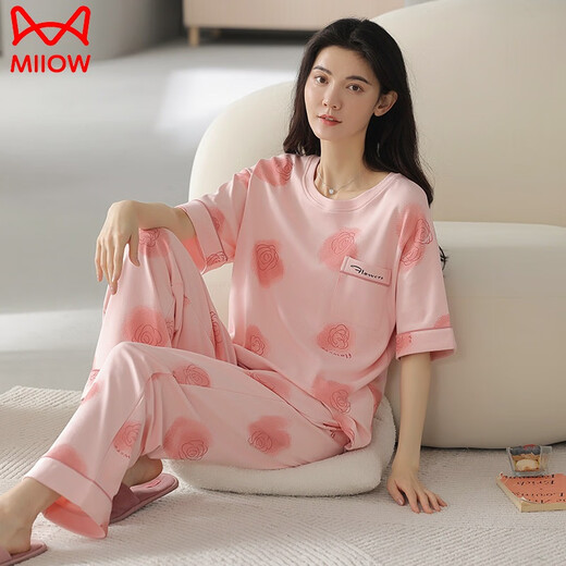 猫人（MiiOW）纯棉睡衣女夏季短袖长裤圆领韩版甜美卡通学生可外穿家居服套装薄 Z9720 M (155-160CM，80-100斤)