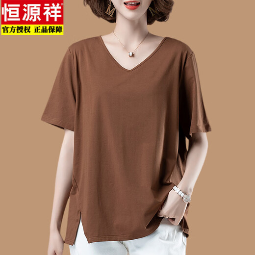 恒源祥大码短袖t恤女夏薄款纯棉宽松中年妈妈鸡心领全棉汗衫t血V领上衣 军绿色【AM-216款】 5XL 适合180-200斤