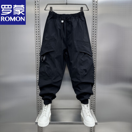罗蒙（ROMON）夏季潮流速干休闲工装裤男士宽松束脚秋季机能户外九分痞帅哈伦裤 黑色(秋款) M 推荐100-115斤