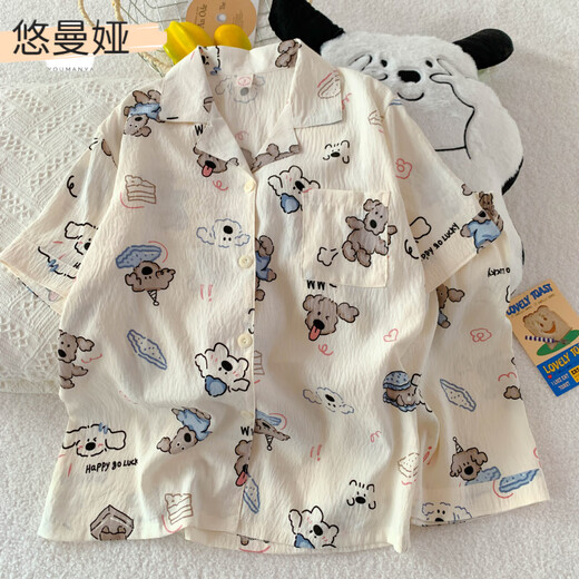 Youmanya pajamas for women in summer loose Korean version cute happy dog student girl cartoon dormitory casual home clothes can be worn outside 1105 Melody and Katie Cat-Yunduo Cotton Short Sleeve M (80-95Jin[Jin equals 0.5 kg])
