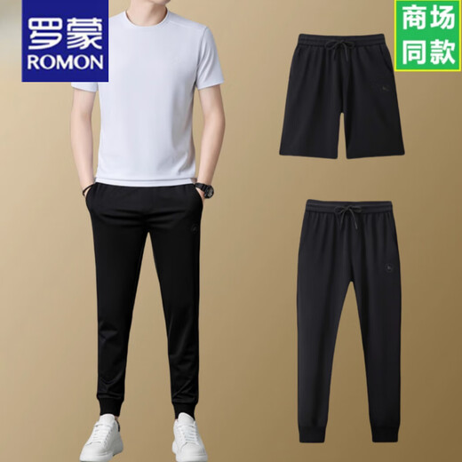 罗蒙（ROMON）短袖T恤男士圆领休闲运动透气两件套装夏季2025新款长裤套装 灰色长裤套装13601 M 165