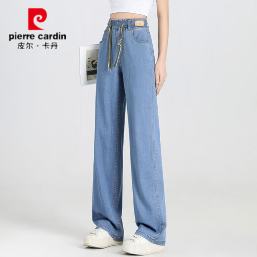 Pier Cardin Jeans de patas anchas para mujeres de verano Femenino Estilo delgado 2025 Elástico Gran tamaño reduce la edad Drapeado Castreado de hielo recto Pantalones de seda RYBR9766 Light Blue-Nine-Summer Slight Style 26 Recomendado 80 ~ 90Jin [Jin equivale a 0.5 kg]
