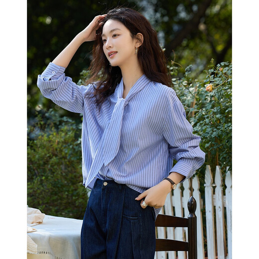 Demana, Korean-style Omni, spring gentle cloud-like cotton collared striped shirt, hidden flesh shirt, women's top