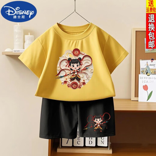 迪士尼（DISNEY）哪吒之魔童闹海男童女童纯棉短袖2025夏季新款儿童短裤套装两件套 1092#后包T酒红+小1098#黑短裤 90