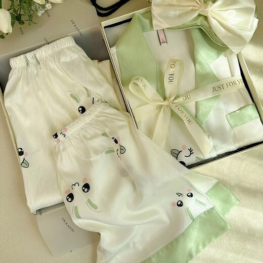 浪莎（LangSha）睡衣女款2025新款夏季真丝绸薄款三件套可爱短袖感家居服套装礼物 9224法斗狗【三件套 XL 【适合115-130斤】