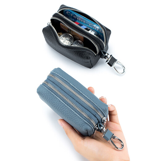 Clcey Sac de clé de grande capacité pour hommes et femmes en cuir authentique en cuir double couche à la fermeture de ménage clés de voiture de rangement portefeuille multifonction noire [double traction]