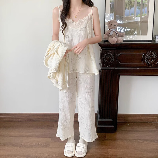 Montagut Cloud Cotton Pyjamas für Frauen im Frühjahr und Herbst Langarmschlingen Drei-teiliges Set Cute Leaf Pure Style Home Clothing 2025 NEU TFN#F9928 5XL M Empfohlen 75-95jin [Jin gleich 0,5 kg]